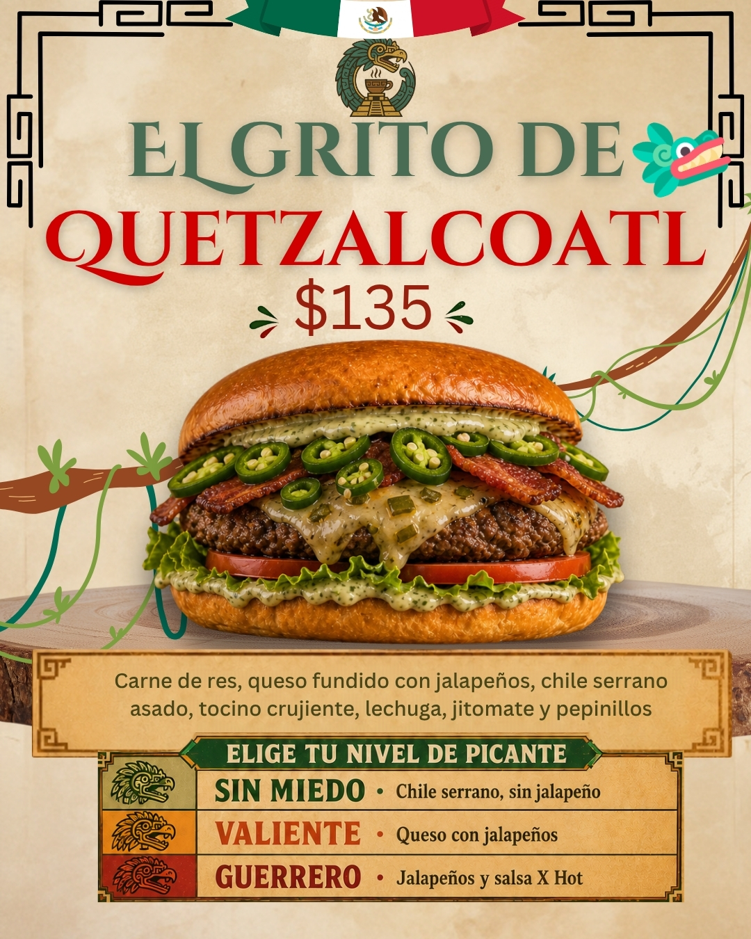 El Grito de Quetzalcóatl, hamburguesa especial