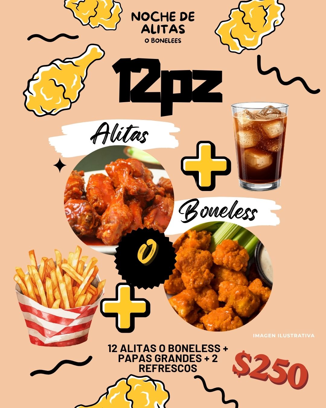 Noche de alitas o boneless: 12 piezas, papas grandes y dos refrescos por 250 pesos